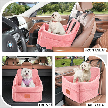 Dog Car Seat for Small/Medium Dogs, Dog Booster Car Seats with Thick Cushion for Dogs Under 35lbs, Detachable Washable Pet Bed with Storage Pockets, 2 Safety Belts (Pink)
