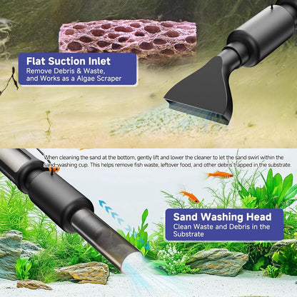AQQA Electric Aquarium Vacuum Gravel Cleaner - 8W/213GPH Rechargeable Fish Tank Cleaning Tools Automatic Water Changer Pump with Debris Clean & Sand Washing, 4-Speed Adjustable Powerful Suction