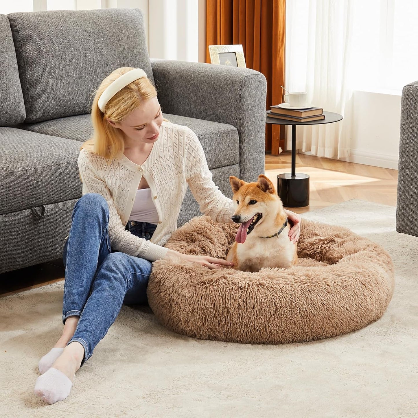DUMOS 24x24 Inch Calming Donut Dog Beds for Medium Dogs, Machine Washable Cuddler Warming Cozy Fluffy Faux Fur Plush Round Pet Bed, Anti-Slip Bed for Indoor Dogs and Cats, Brown