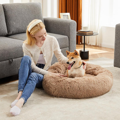 DUMOS 24x24 Inch Calming Donut Dog Beds for Medium Dogs, Machine Washable Cuddler Warming Cozy Fluffy Faux Fur Plush Round Pet Bed, Anti-Slip Bed for Indoor Dogs and Cats, Brown