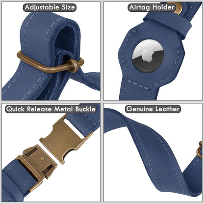 AirTag Dog Collar - Genuine Leather Dog Collar with Apple AirTag Holder and Metal Buckle - Smart GPS Tracking Pet Collars for Small Medium Large Dogs Puppy (Smoky Blue, S, 12"-15" Neck Fit)