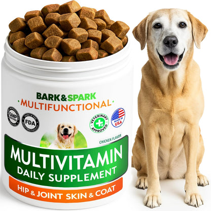 BARK&SPARK Dog Vitamins & Supplements - Multivitamin Chewable Treats for Dogs - Glucosamine Chondroitin for Joint Support + Omega for Skin & Coat + Probiotics - Multi Vitamin for Pets Health - 60Ct