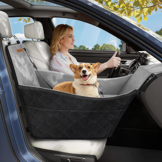 Elevated Dog Car Seat, Dog Booster Car Seats for Small & Medium Breeds Up to 35lbs, Fully Detachable and Washable, Memory Foam Pet Carseat with 2 Storage Pockets & 3 Safety Belts, Black & Gray