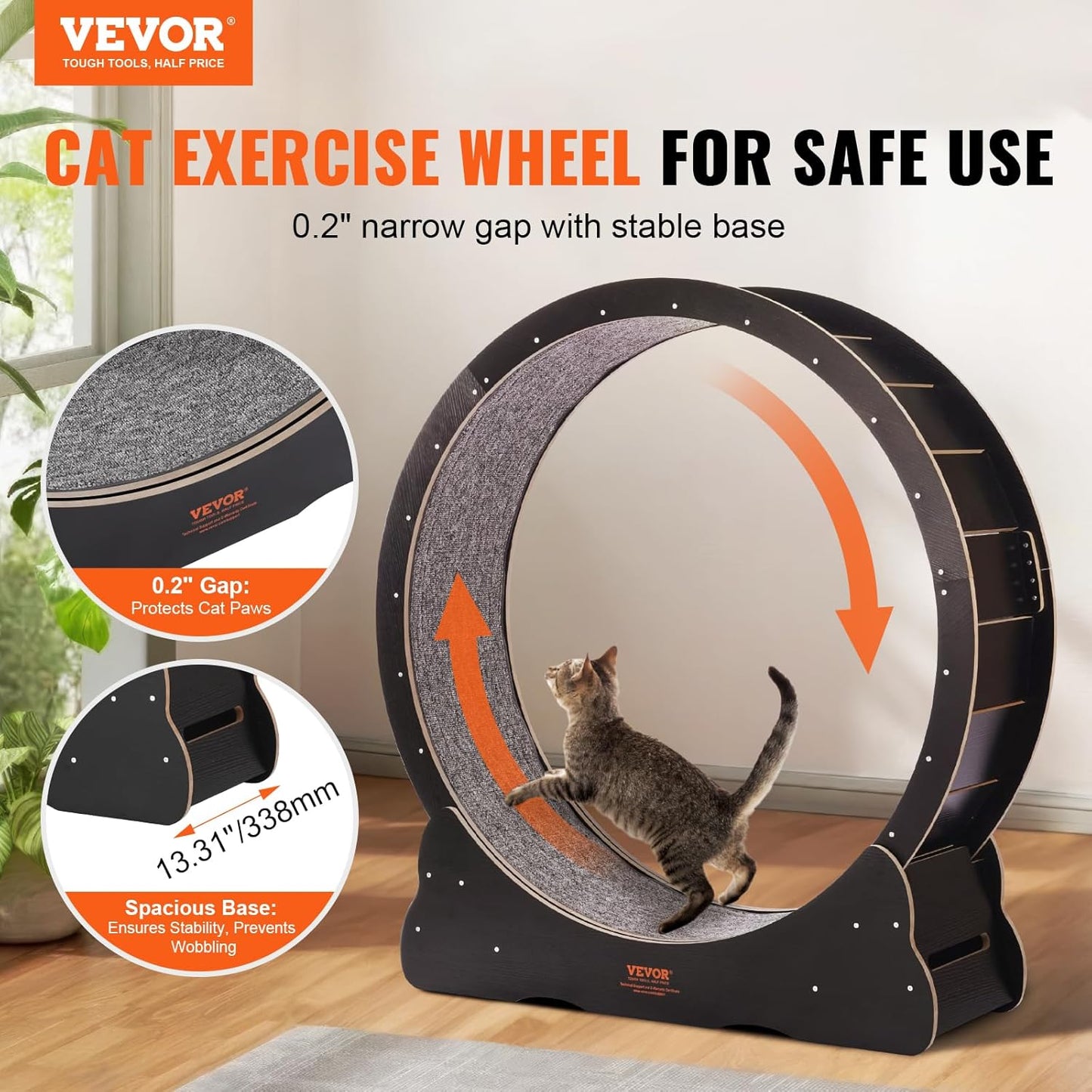 VEVOR Cat Exercise Wheel, 43.3" Large Treadmill for Indoor Cats, Running Wheel With Detachable Carpet & Teaser for Running/Walking/Training, Suitable for Most Cats Black