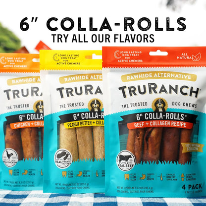 TRURANCH Collagen Rolls - 6" Collagen Rolls for Dogs - Long Lasting Healthy Joint Support Dog Treat - Rawhide Alternative - Skin & Coat Health - Made with Real Beef, 1 Bag, 4 Count