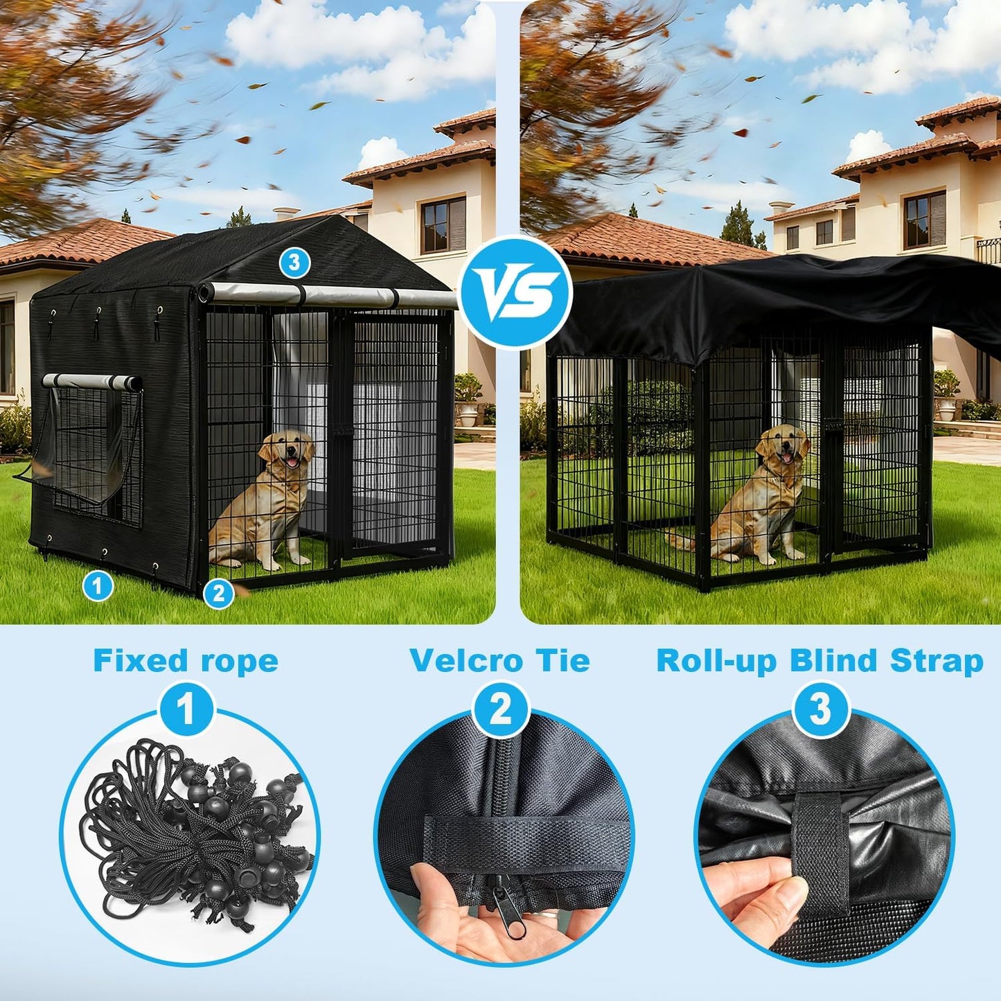 Outdoor Dog Kennel Cover for 4.2'Dx4.2'Wx4.5'H Crate with 3-in-1 Window, 600D Polyester Full Coverage & Silver-Coated Interior Waterproof Dog Crate Cover for Large Dog Cage Outdoor (Cover Only)