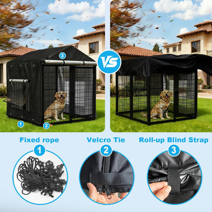 Outdoor Dog Kennel Cover for 4.2'Dx4.2'Wx4.5'H Crate with 3-in-1 Window, 600D Polyester Full Coverage & Silver-Coated Interior Waterproof Dog Crate Cover for Large Dog Cage Outdoor (Cover Only)