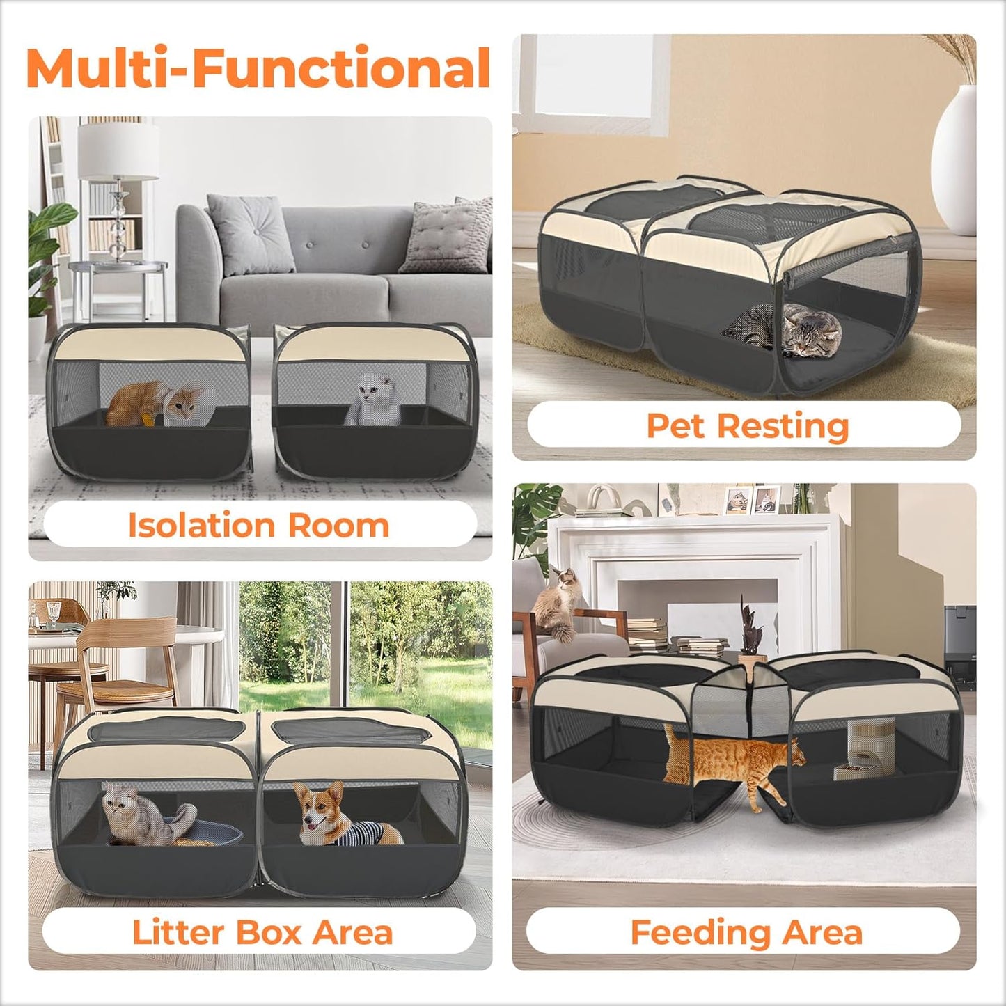 2-in-1 Pop Up Puppy Playpen, Detachable into 2 Separate Pens with Additional Doors, Assembly-Free Portable Cat Dog Crates Pet Pen Tent Kennel Kitten Enclosure Cage Indoor Outdoor Foldable Condo(L)