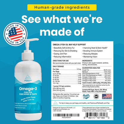 Wild-Caught Omega 3 Fish Oil for Dogs & Cats, Liquid EPA DHA Supplement for Skin, Coat, Joints & Heart, Low-Odor Omega 3 Drops for Small Dog Breeds & Cats with Itchy Skin, 16 oz