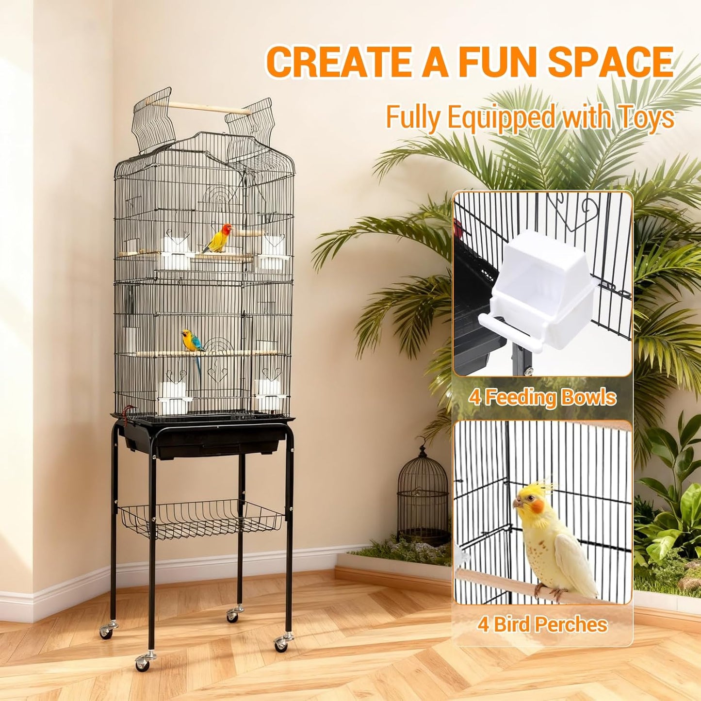 Large Wrought Iron Bird Cage with Open Play Top – 65.5 Inch Flight Cage for Parrots, Conures, Cockatiels, Lovebirds, Parakeets, Budgies – Heavy-Duty Detachable Rolling Stand & Storage Shelf – Black