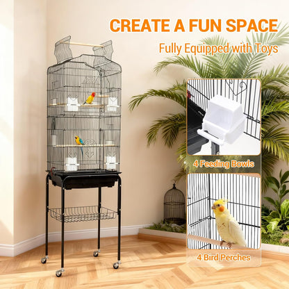 Large Wrought Iron Bird Cage with Open Play Top – 65.5 Inch Flight Cage for Parrots, Conures, Cockatiels, Lovebirds, Parakeets, Budgies – Heavy-Duty Detachable Rolling Stand & Storage Shelf – Black