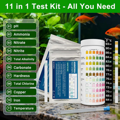 11 in 1 Aquarium Test Strips - 150 Counts Freshwater & Saltwater Fish Tank Water Test Kit, Quick Accurate Testing for pH, Ammonia, Nitrate, Nitrite, GH, KH, Alkalinity, Chlorine,Carbonate,Temp,More