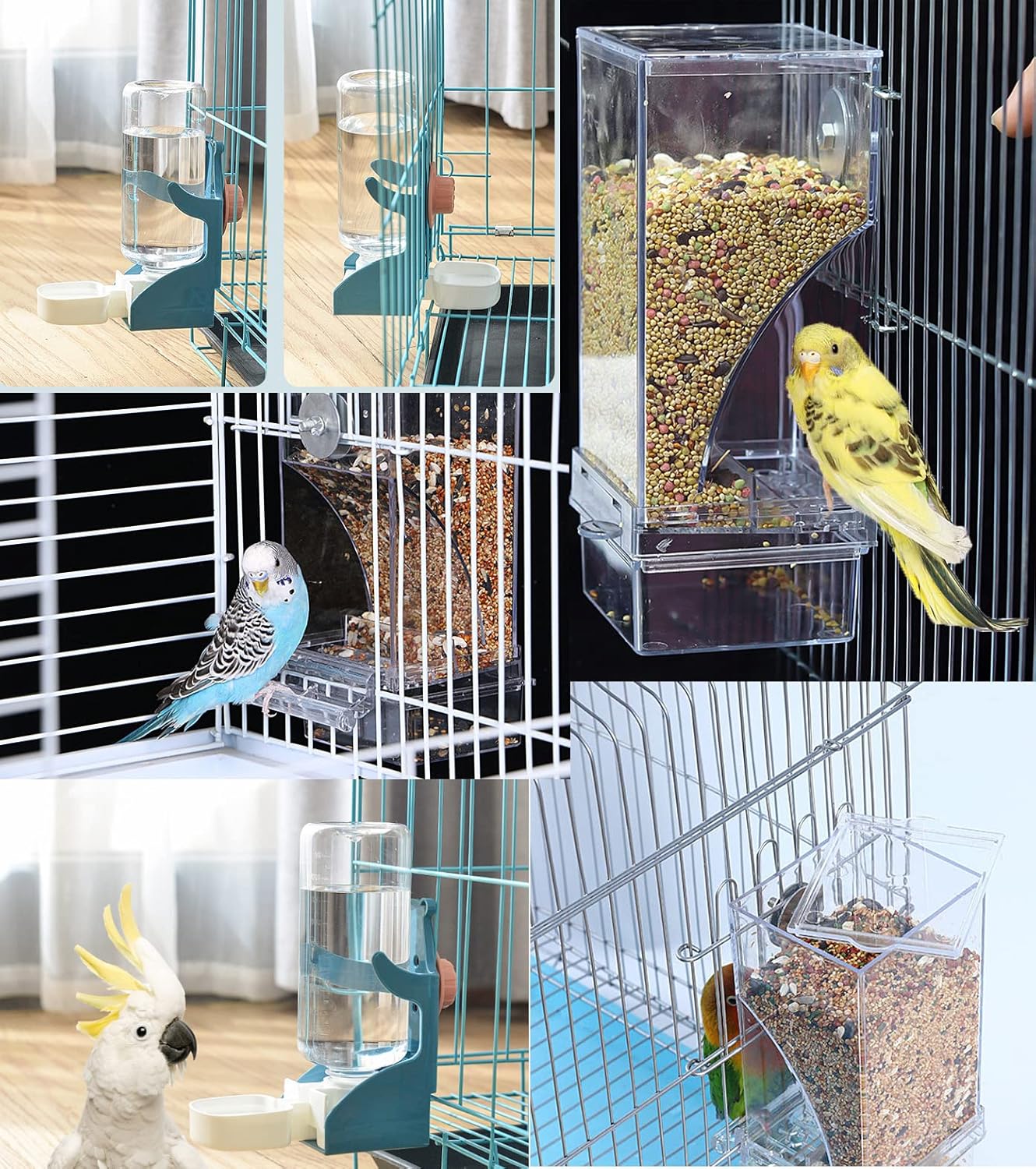 Kenond No Mess Bird Feeder Water Dispenser Set, Automatic Parrot Feeder Cage Accessories, Clear Parakeet Seed Container Food Drinker for Cage, Cockatiel Finch Lovebirds Budgies Canary (Blue)