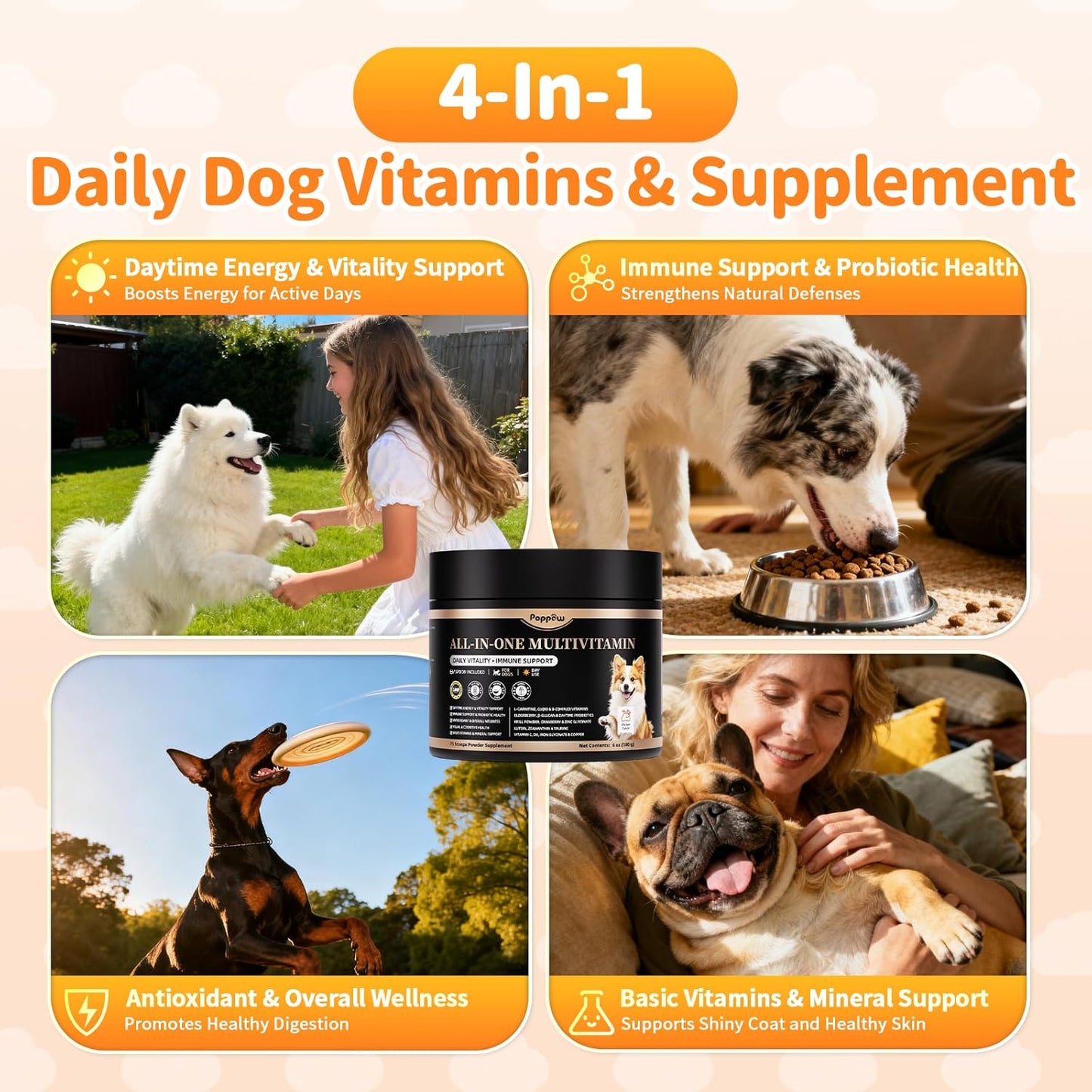 Dog Vitamins and Supplements for Daily Energy, Immune, Antioxidants, Gut, Joint, Skin, Coat, Multivitamin Powder for Dogs with L-Carnitine, Taurine, Probiotics - Chicken Flavor, 75 Scoops