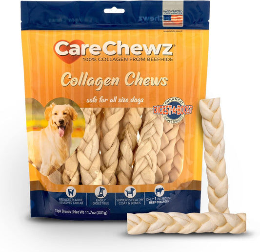 Pet Factory CareChewz Collagen 6-7" Skinny Braided Sticks Dog Chew Treats - Natural Flavor, 15 Count/1 Pack