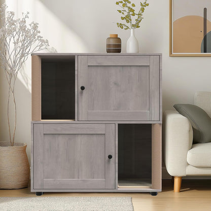 GarveeLife Cat Litter Box Enclosure for 2 Cats, Litter Box Enclosure with Double Room, Hidden Enclosed Cat Litter Box Furniture with Scratch Posts and Double-Layer Litter Mats Grey