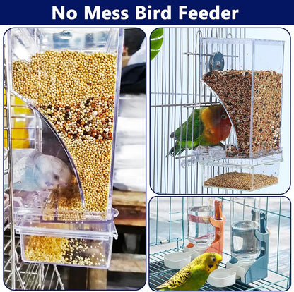 VERTUPET No Mess Bird Feeders with Water Dispenser Automatic Transparent Acrylic Food Container Drinker for Cage Automatic Parrot Feeder Seed Container Cage Accessories (Blue)