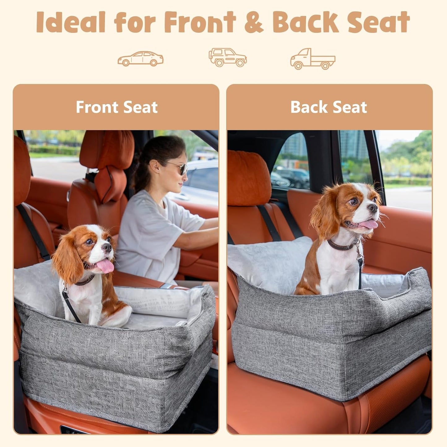 Avont Dog Car Booster Seat for Small/Medium Dogs Under 30 lbs, Elevated Puppy Carseat, Front Seat Pet Car Bed -Grey