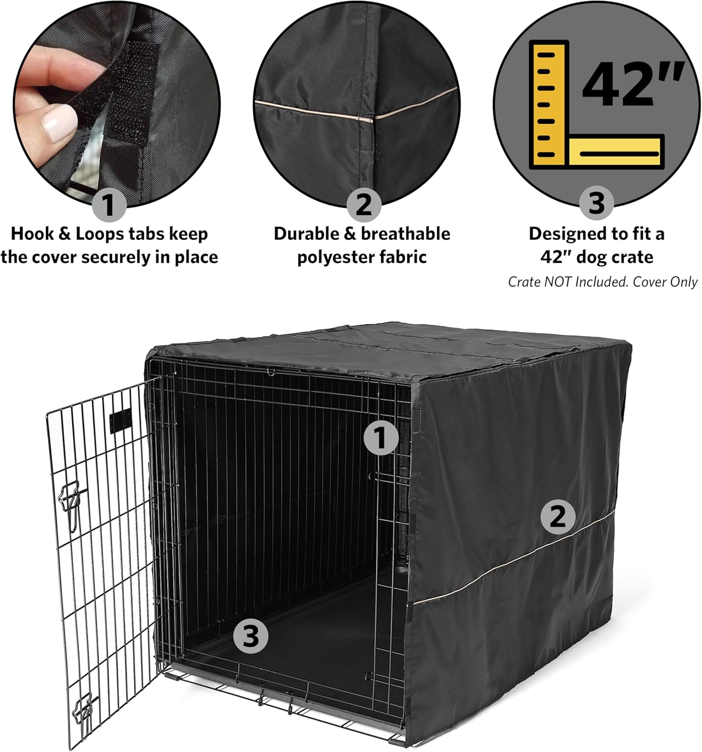 MidWest Homes for Pets Large Dog Crate Cover, Black Polyester Privacy Kennel Cover Fits Most 42-inch Crates, Machine Washable, Reduces Barking & Chewing