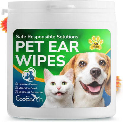 EcoEarth Premium Dog Ear Cleaner Wipes - 50 Pcs - Pet Ear Cleaning Finger Wipes - Pearl-Embossed Texture for Itchy Ear Relief & Infection Protection - Disposable Wipes for Wax & Dirt Removal