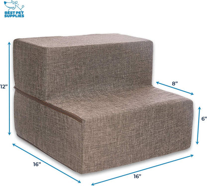 Best Pet Supplies Portable Foldable Foam Pet Stairs/Steps for Couch, Sofa, and High Bed, Non-Slip Bottom Balanced Paw Safe - Brown Linen, Foldable 2-Step (H: 12")