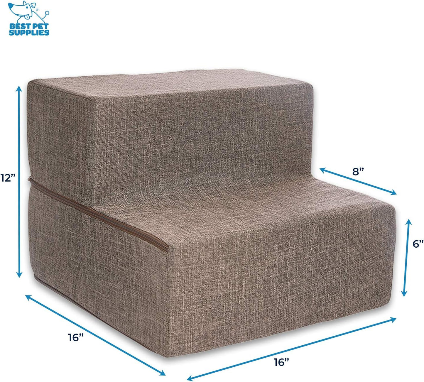 Best Pet Supplies Portable Foldable Foam Pet Stairs/Steps for Couch, Sofa, and High Bed, Non-Slip Bottom Balanced Paw Safe - Brown Linen, Foldable 2-Step (H: 12")