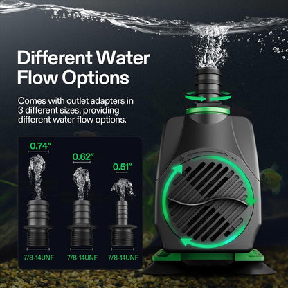 VIVOSUN 800GPH Submersible Pump(3000L/H, 24W), Ultra Quiet Water Fountain Pump with 10ft. High Lift with 6.5ft. Power Cord, 3 Nozzles for Fish Tank, Pond, Aquarium, Statuary, Hydroponics Green