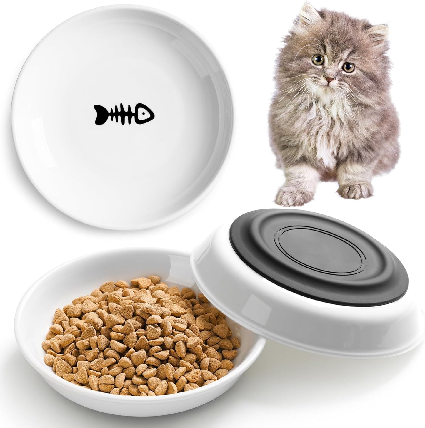 Cat Food Bowls, Whisker Friendly Ceramic Cats Bowls with Nonslip Silicone Base, Pack of 6 Quiet Dishes and Plates for Feeding Indoor Cats, Kittens and Small Dogs(Fishbone+Cat Paw,Shallower)