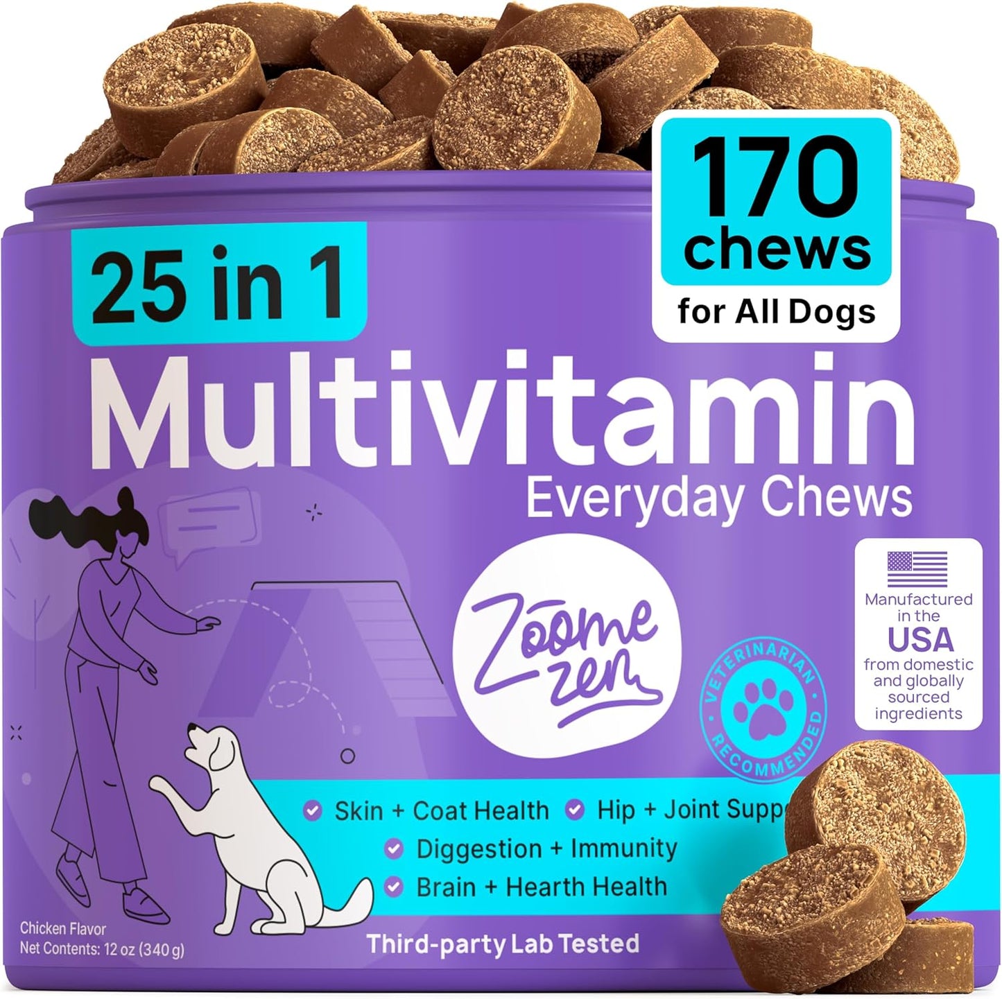 Dog Multivitamin Chewable with Glucosamine, Chondroitin & Probiotics – Dog Vitamins And Supplements – Skin, Hip & Joint, Immune - Puppy, Senior Dogs Supplements, 1 pack 170 Count, Made in USA