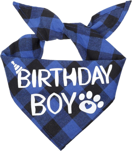 Dog Birthday Bandana, Blue Boy Dog Birthday Boy Bandana Blue Plaid Boys Pet Bandanas Dogs Birthdays Party Supplies for Small Medium Large Dogs Pets (Large)