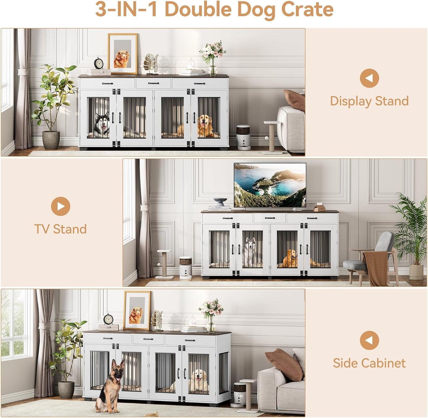 71" Double Dog Crate Furniture, Rustic Indoor Kennel with Removable Divider and 3 Storage Drawers for Medium Large Dogs