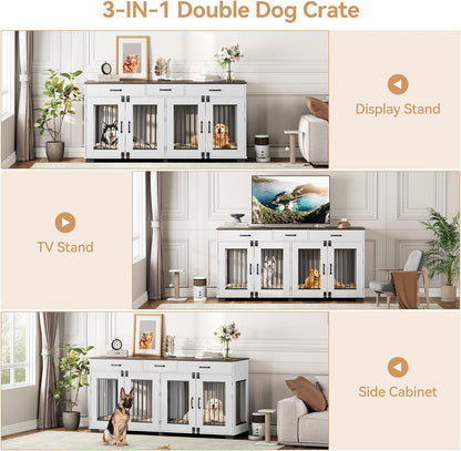 71" Double Dog Crate Furniture, Rustic Indoor Kennel with Removable Divider and 3 Storage Drawers for Medium Large Dogs