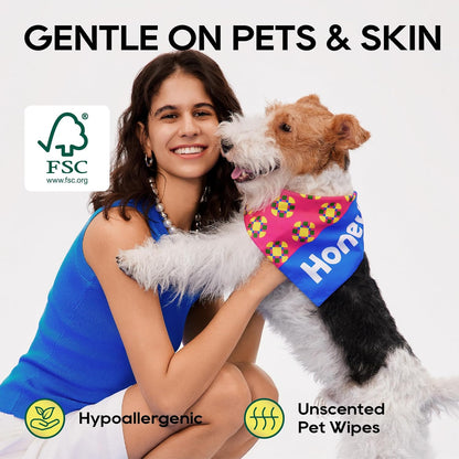 HONEY CARE Disposable Pet Wipes for Dogs & Cats – Cleansing & Soothing, Fragrance-Free, 100 Wipes for Paws, Butt & Body Cleaning(100 Pcs/4Packs