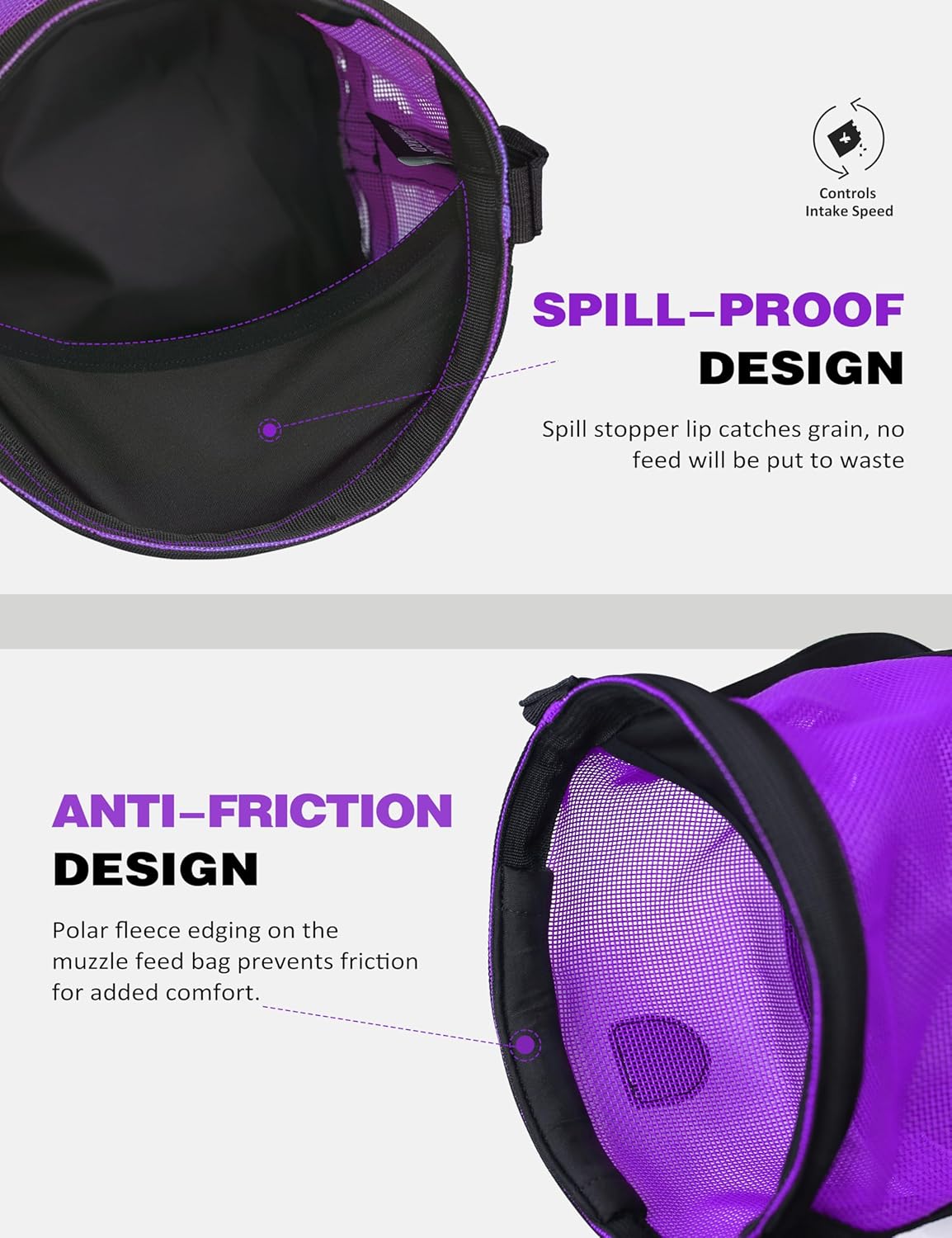 Harrison Howard Horse Muzzle Feed Bag Nylon Mesh Grain Feed Bag with Padded Neck Strap Adjustable Belt Purple Large