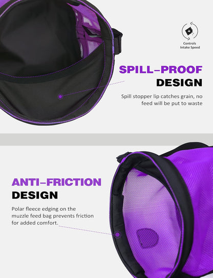 Harrison Howard Horse Muzzle Feed Bag Nylon Mesh Grain Feed Bag with Padded Neck Strap Adjustable Belt Purple Large
