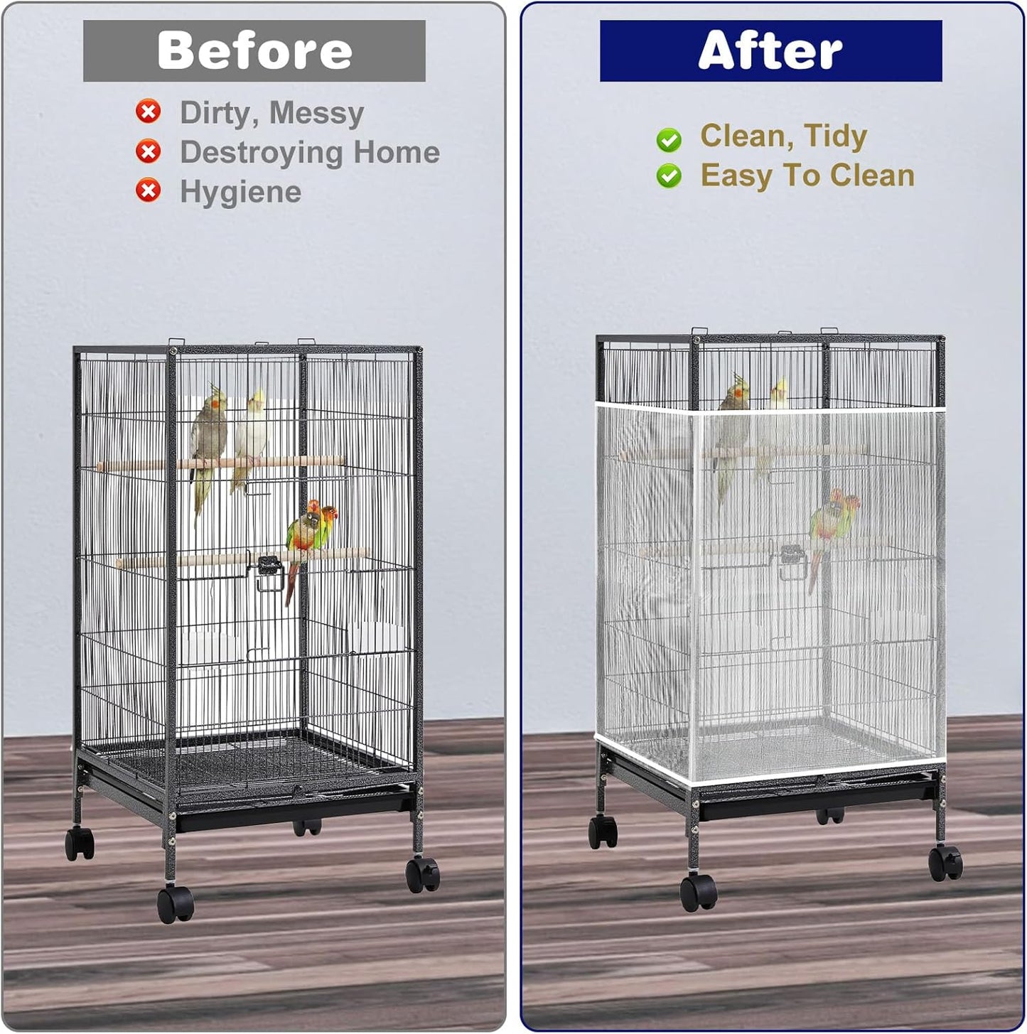 Universal Bird Cage Seed Catcher, White Adjustable Bird Cage Net Cover, Stretchy Lightweight Band Skirts Mesh Cover for Parrot Cages Stops Scatter, Breathable & Reusable