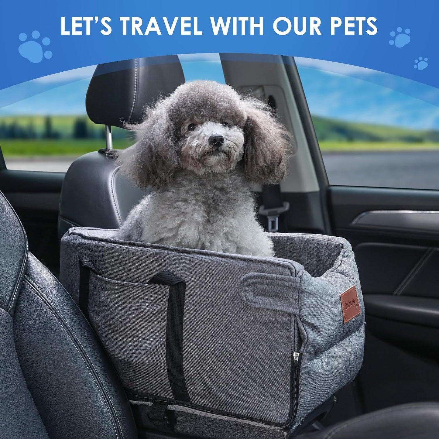 Dog Car Seat for Small Dogs, Center Console Dog Car Seat with Storage Pockets and Clip-On Safety Leash, Detachable and Washable Dog Booster Car Seat, Portable Dog Travel Carrier Bed(Grey)