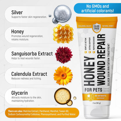 Best Hot Spot Treatment for Dogs & Horses – Dog Wound Care with Silver for Scratches, Sores, Rashes, Irritations – Honey Wound Repair Ointment in Gel Form for Horses & Cats + 2 Bandages – 2 Oz