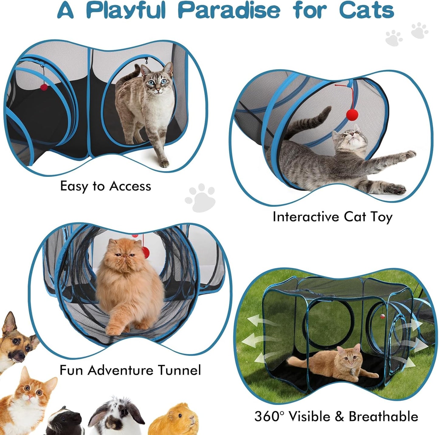 Outdoor Cat Enclosure, 3-in-1 Catio Outdoor Cat Enclosure with Tunnel for Outside and Indoor, Cat Tent Portable Catio Pet Playpen with Storage Bag for Kitty and Small Animals