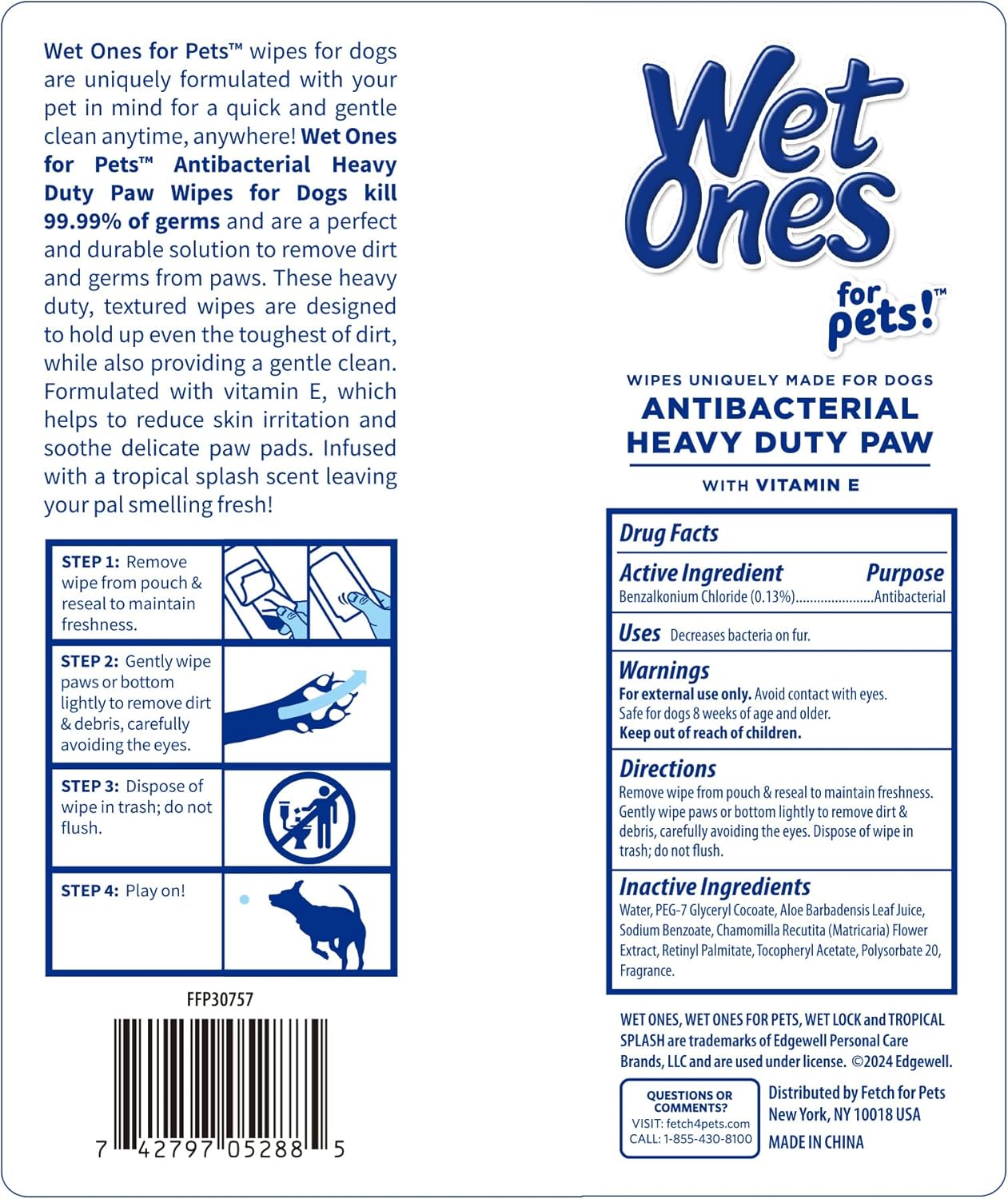 Wet Ones for Pets Antibacterial Heavy Duty Paw Wipes, Tropical Splash Scent - Thick Dog Cleaning Wipes - Scented, Durable and Disposable Dog Wipes for Paws, 50 Count
