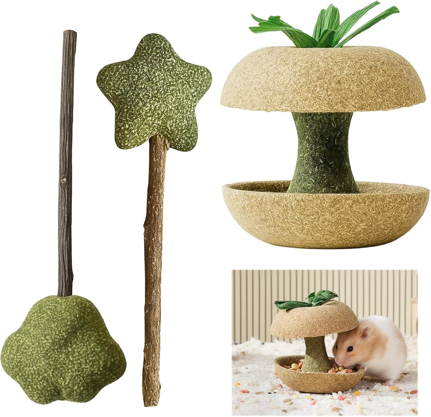 Hamster Stuff, Rabbit Chew Toys, Rat Toys, 2 Chew Sticks and 1 Apple Core, Small Animal Teeth Care, Natural Wood Material