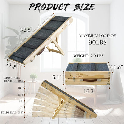 UMHUWOOD Dog Ramp for Couch, Bed, and Car – Adjustable, Portable, Foldable, Non-Slip Wooden Pet Ramp for Small, Medium, and Senior Dogs and Cats – Up to 19.5" High