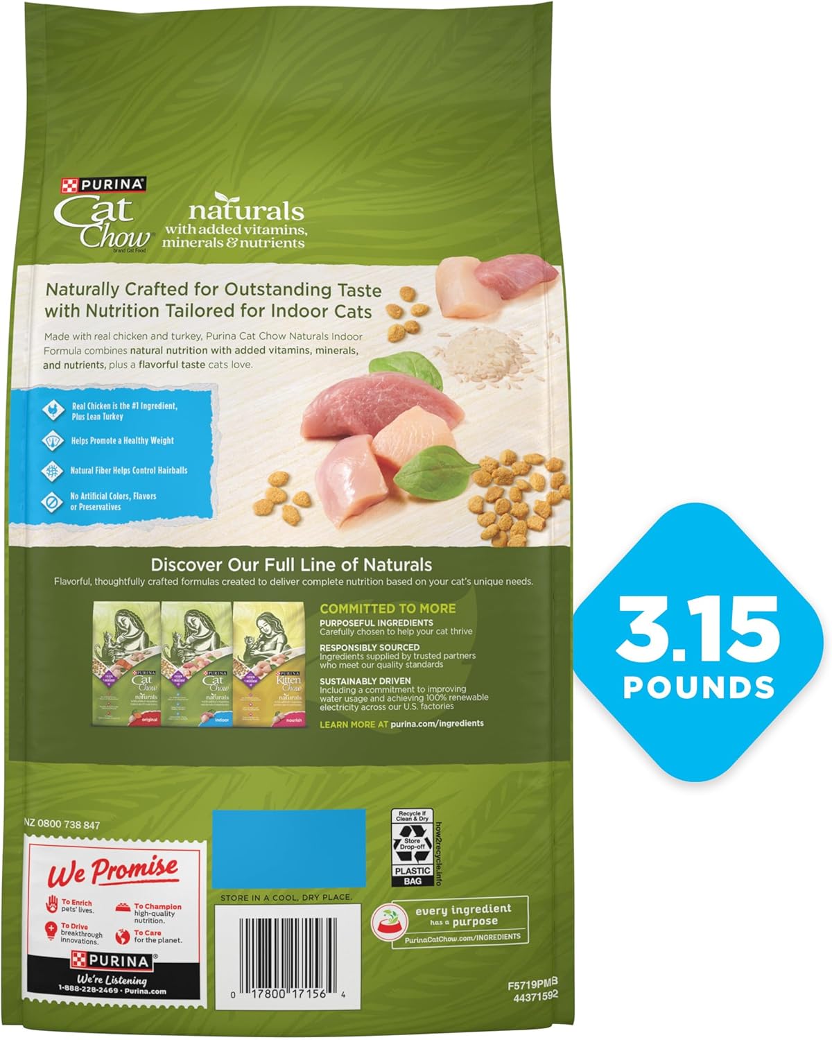 Purina Cat Chow Hairball, Healthy Weight, Indoor, Natural Dry Cat Food, Naturals Indoor - (Pack of 4) 3.15 lb. Bags