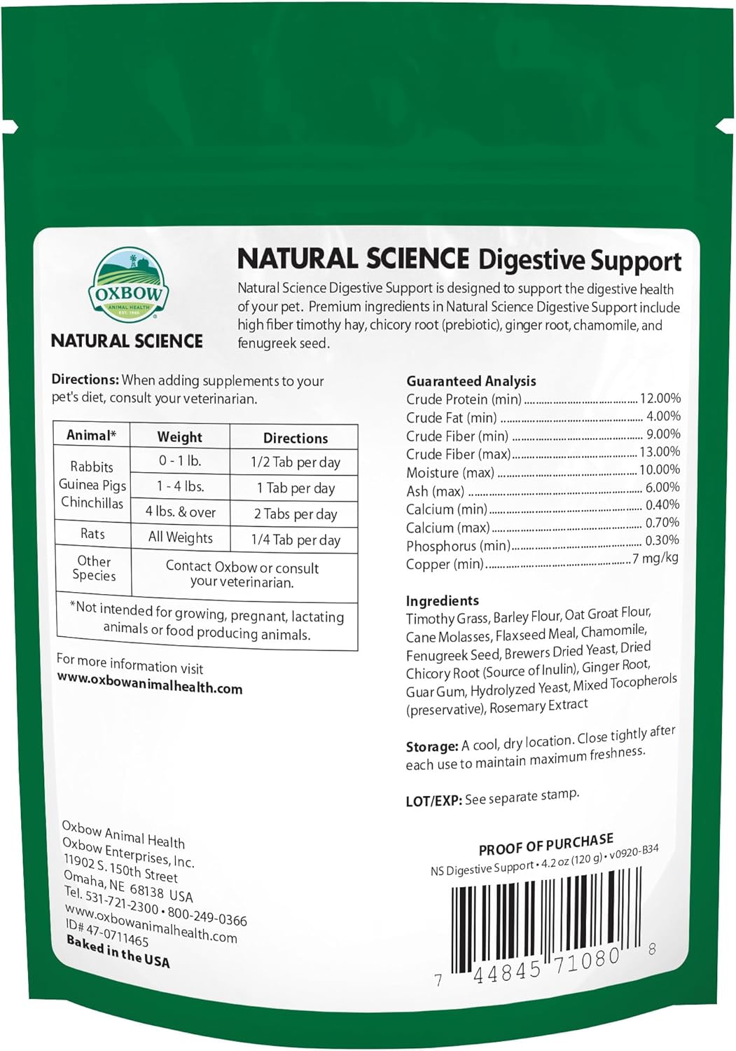 Oxbow Natural Science Digestive Support, High Fiber Supplement for Rabbit & Guinea Pig, Made with Timothy Hay, Includes Chicory Root, Ginger Root, Chamomile, Made in USA, 4.2 oz Bag