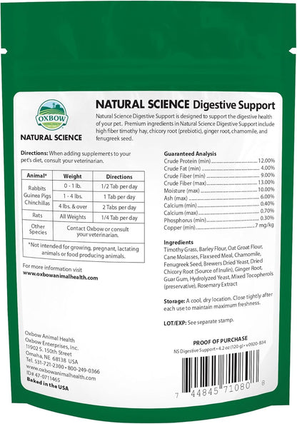Oxbow Natural Science Digestive Support, High Fiber Supplement for Rabbit & Guinea Pig, Made with Timothy Hay, Includes Chicory Root, Ginger Root, Chamomile, Made in USA, 4.2 oz Bag