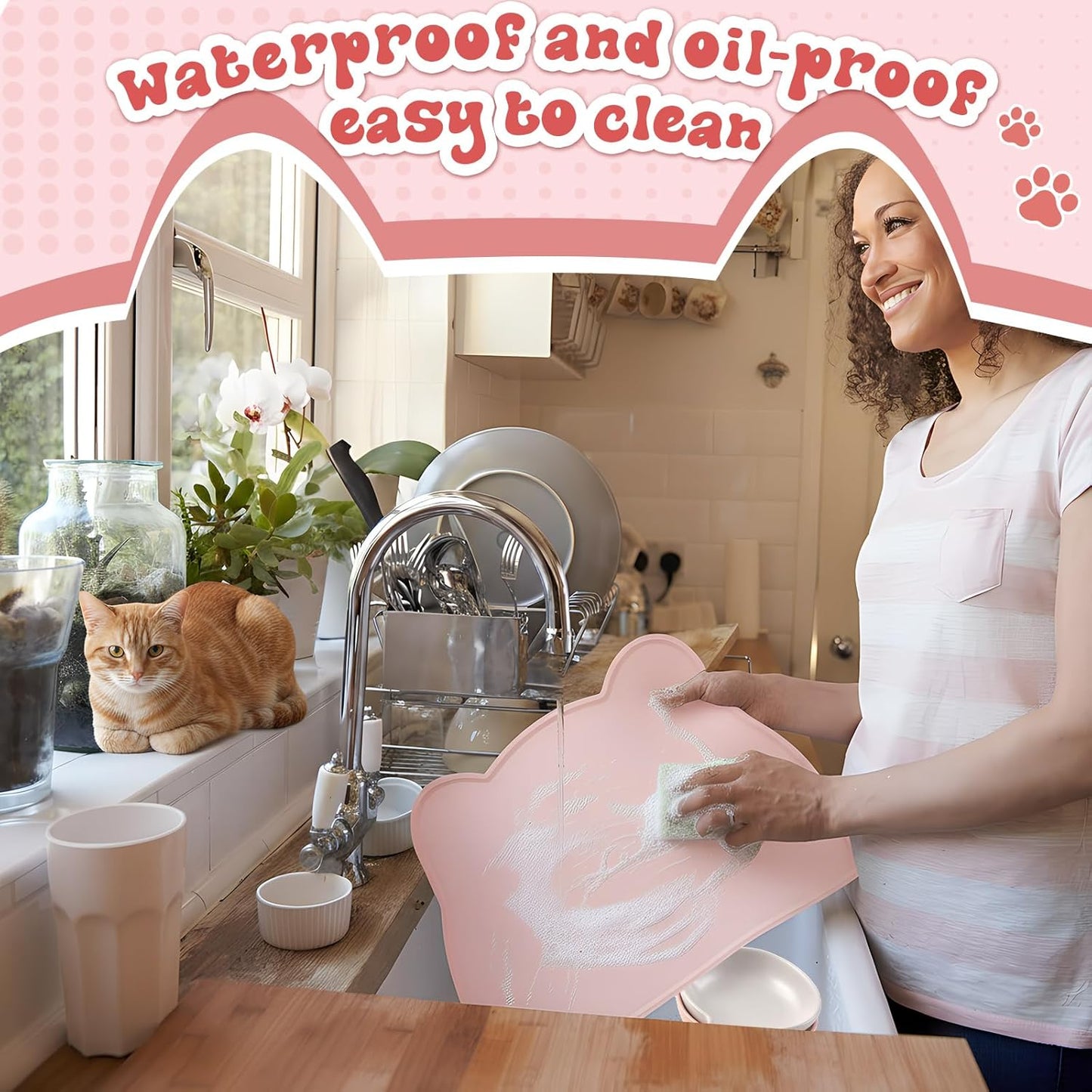 Ceramics Cat Food Bowls and No Spill Silicone Cat Ear Mat 3 Pcs Set Christmas Pet Dining Combo Gift Wide Shallow Cute Pet Dog Feeding Dish Thicker Nonslip Mat with Raised Edge for Small Medium Puppies