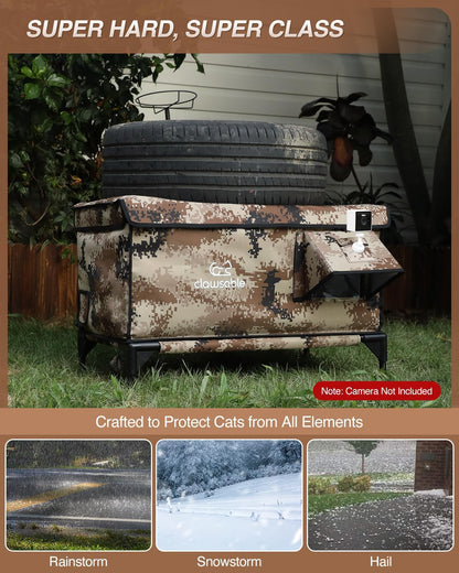 Indestructible X-Large Heated Cat House for Outside Winter, 100% Waterproof, Safe Escape Door, Insulated Outdoor Cat Shelter with Heater for Feral Barn Cat Kitty (Desert Camouflage, 30"x17"x20")