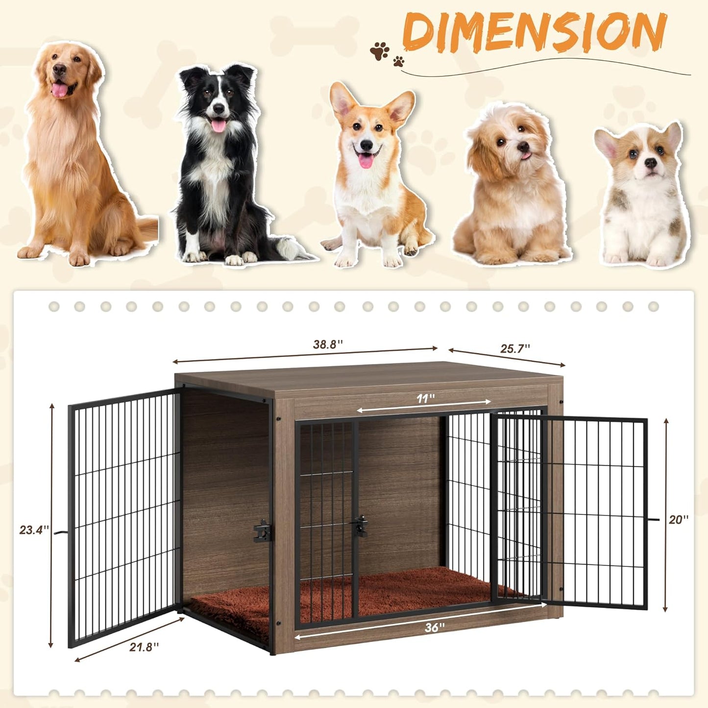 Greesum Modern Dog Crate Furniture That Doubles as a Side Table - Sturdy Wooden Kennel with Front & Side Door Access, Plush Cushion & Chew-Resistant Design for All Dog Sizes