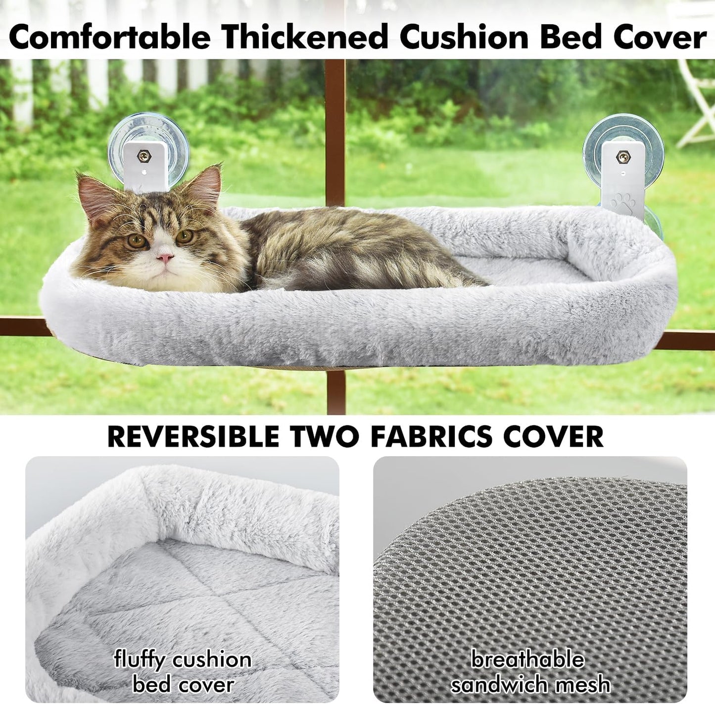 AMOSIJOY Cordless Cat Window Perch, Cat Hammock for Wall with 4 Strong Suction Cups, Solid Metal Frame and Two Replaceable Covers, Foldable Cat Beds for Indoor Cats (Large-Cushion Bed-Gray)