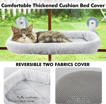 AMOSIJOY Cordless Cat Window Perch, Cat Hammock for Wall with 4 Strong Suction Cups, Solid Metal Frame and Two Replaceable Covers, Foldable Cat Beds for Indoor Cats (Large-Cushion Bed-Gray)